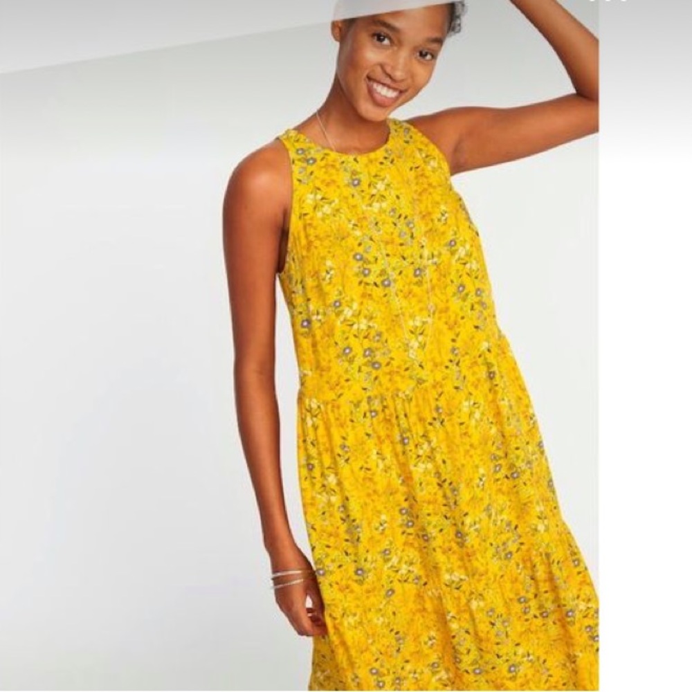 Old navy yellow floral tiered swing dress, size small